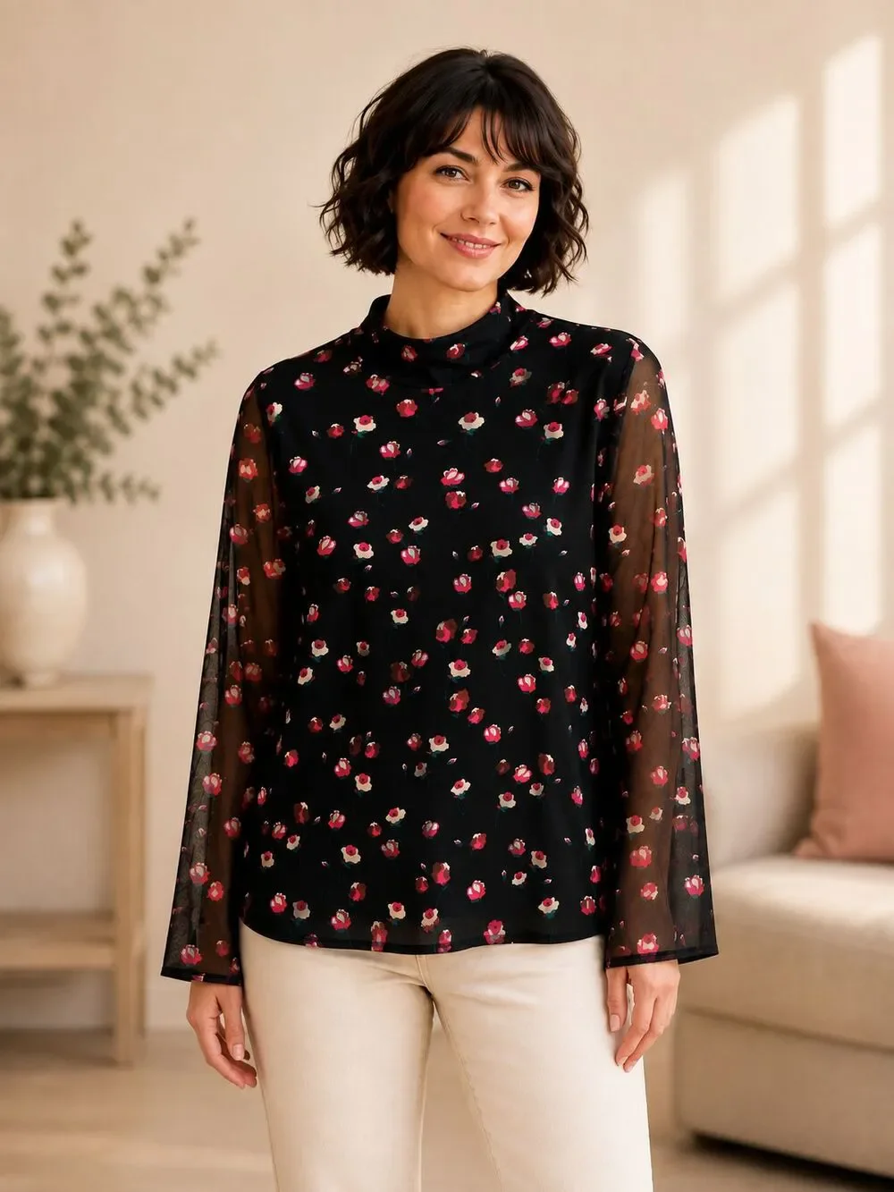 POPSUGAR Women's XL Black Floral Mesh Sheer Sleeve Mock Neck Top Blouse